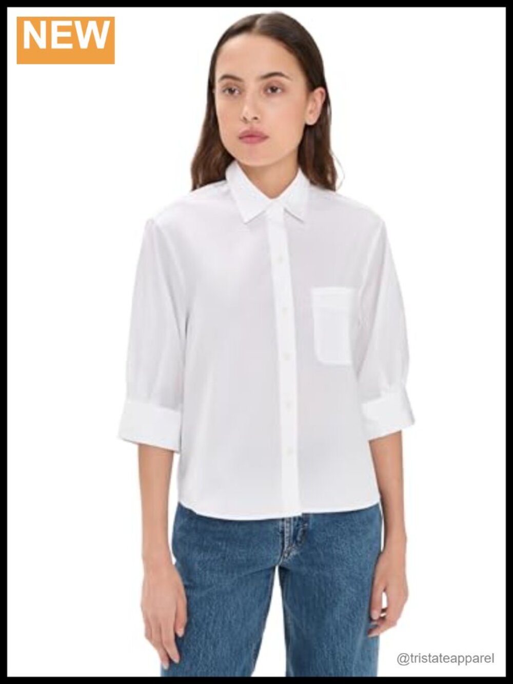 Women's Poplin Button Down Shirt Pleated Patch Pocket 3/4 Sleeve